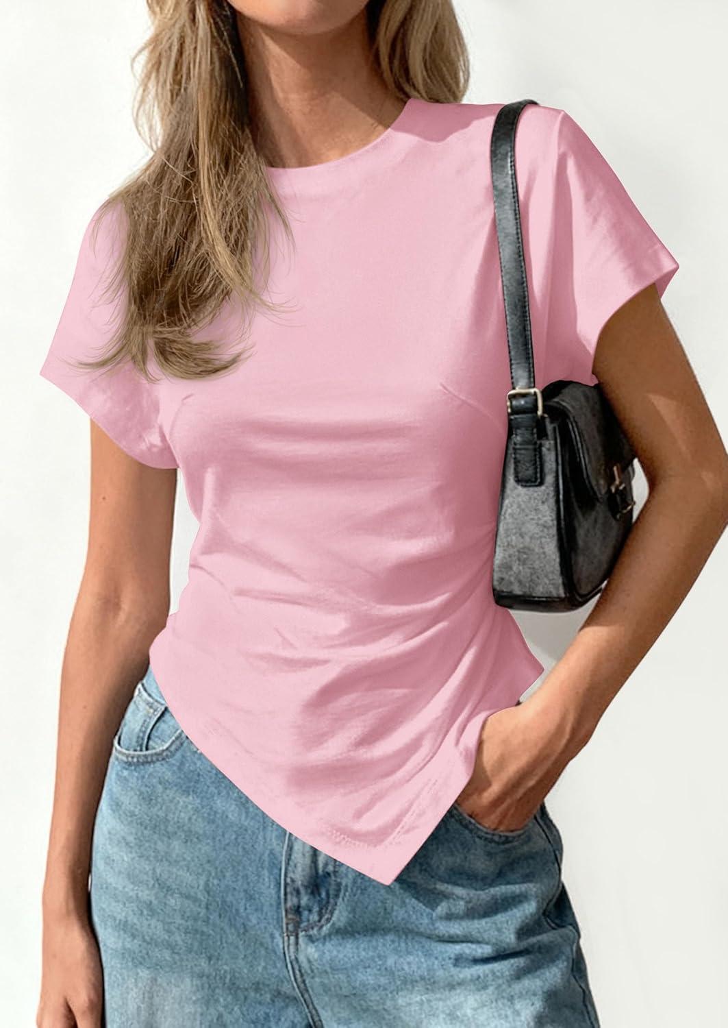 imagePRETTYGARDEN Womens Asymmetrical Tops 2026 Spring Summer Going Out Shirts Y2K Short Sleeve Crew Neck Ruched Trendy ClothesPink
