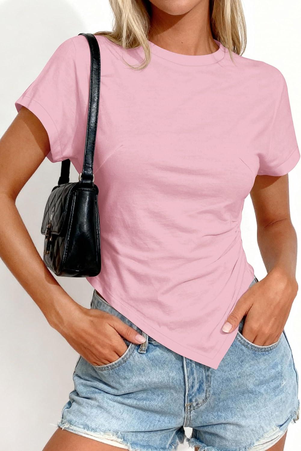imagePRETTYGARDEN Womens Asymmetrical Tops 2026 Spring Summer Going Out Shirts Y2K Short Sleeve Crew Neck Ruched Trendy ClothesPink