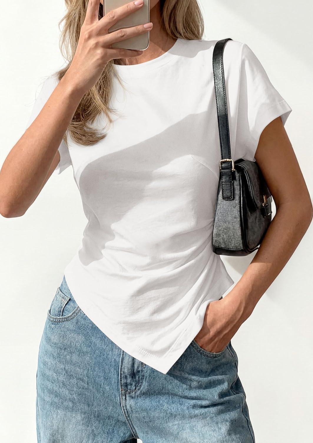 imagePRETTYGARDEN Womens Asymmetrical Tops 2026 Spring Summer Going Out Shirts Y2K Short Sleeve Crew Neck Ruched Trendy ClothesWhite