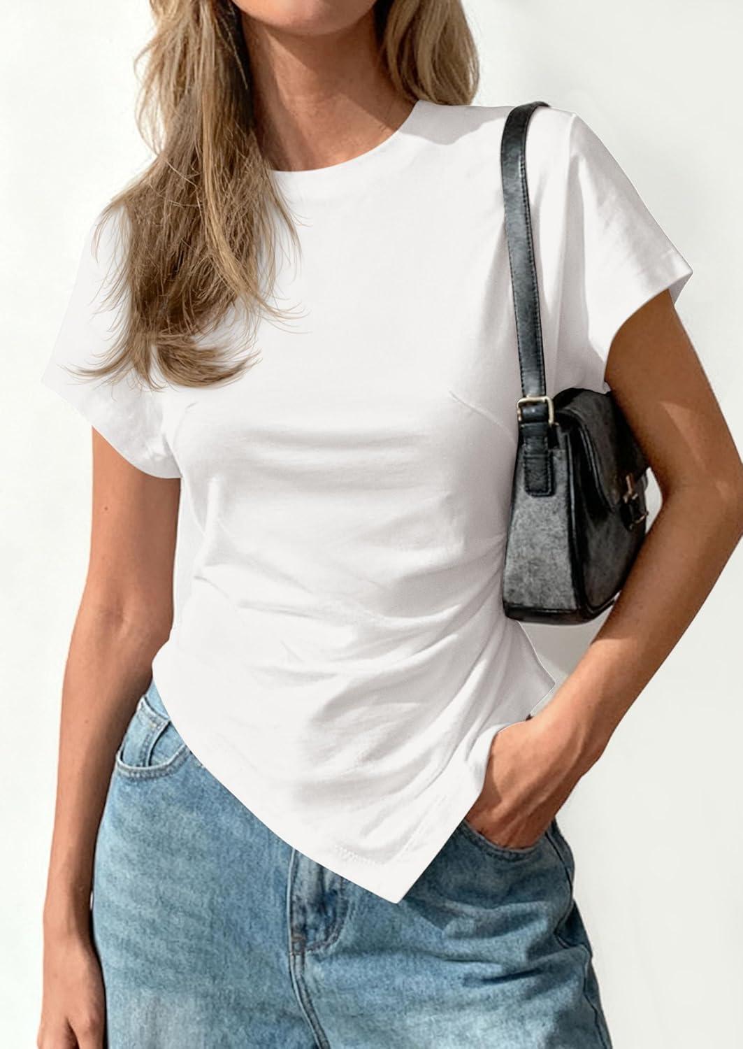 imagePRETTYGARDEN Womens Asymmetrical Tops 2026 Spring Summer Going Out Shirts Y2K Short Sleeve Crew Neck Ruched Trendy ClothesWhite