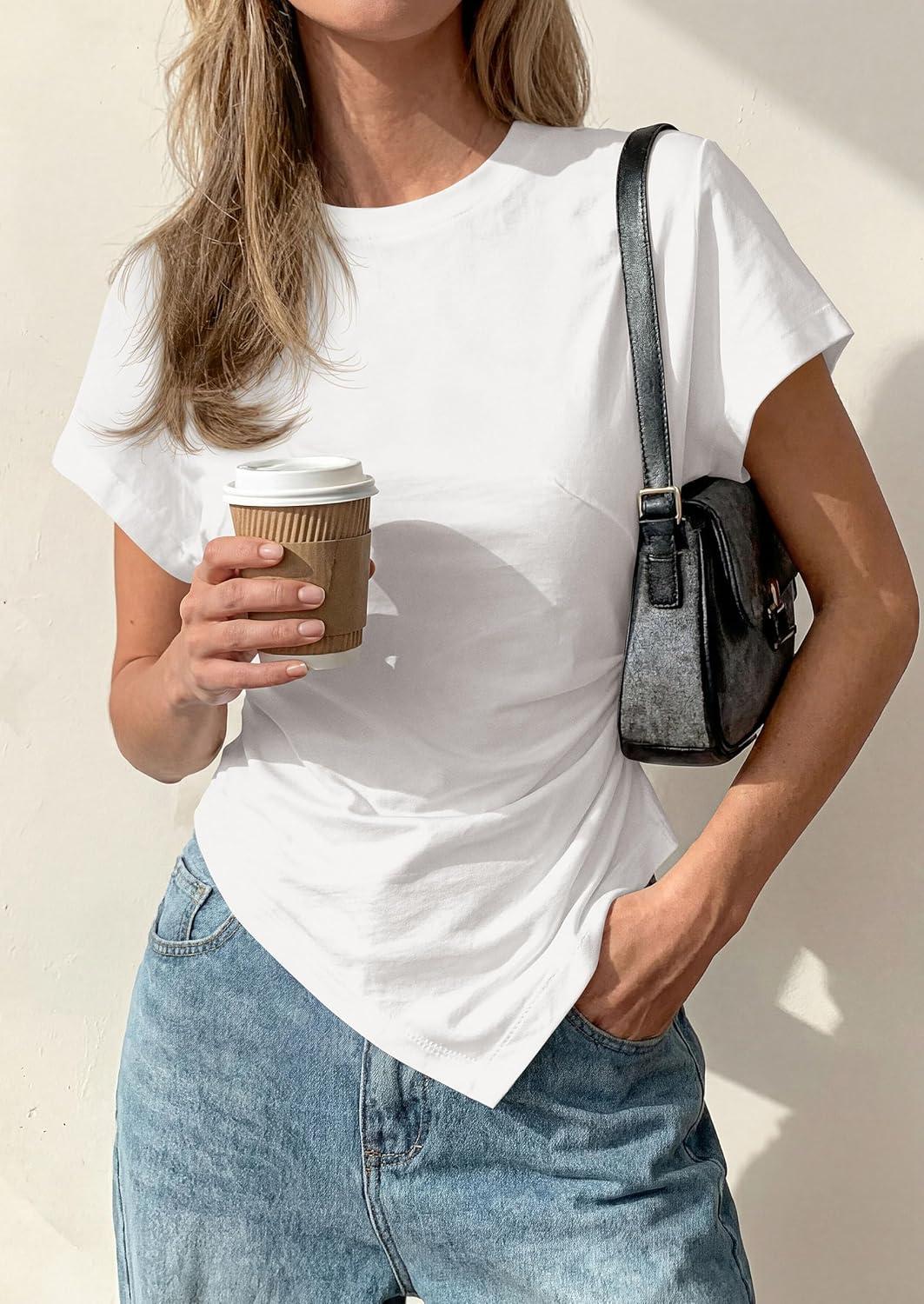 imagePRETTYGARDEN Womens Asymmetrical Tops 2026 Spring Summer Going Out Shirts Y2K Short Sleeve Crew Neck Ruched Trendy ClothesWhite