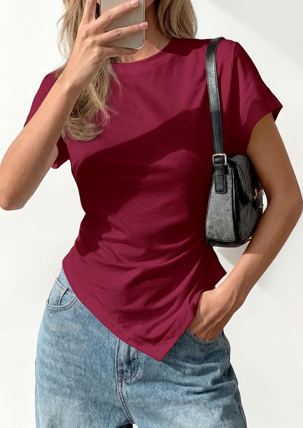 imagePRETTYGARDEN Womens Asymmetrical Tops 2026 Spring Summer Going Out Shirts Y2K Short Sleeve Crew Neck Ruched Trendy ClothesWine Red