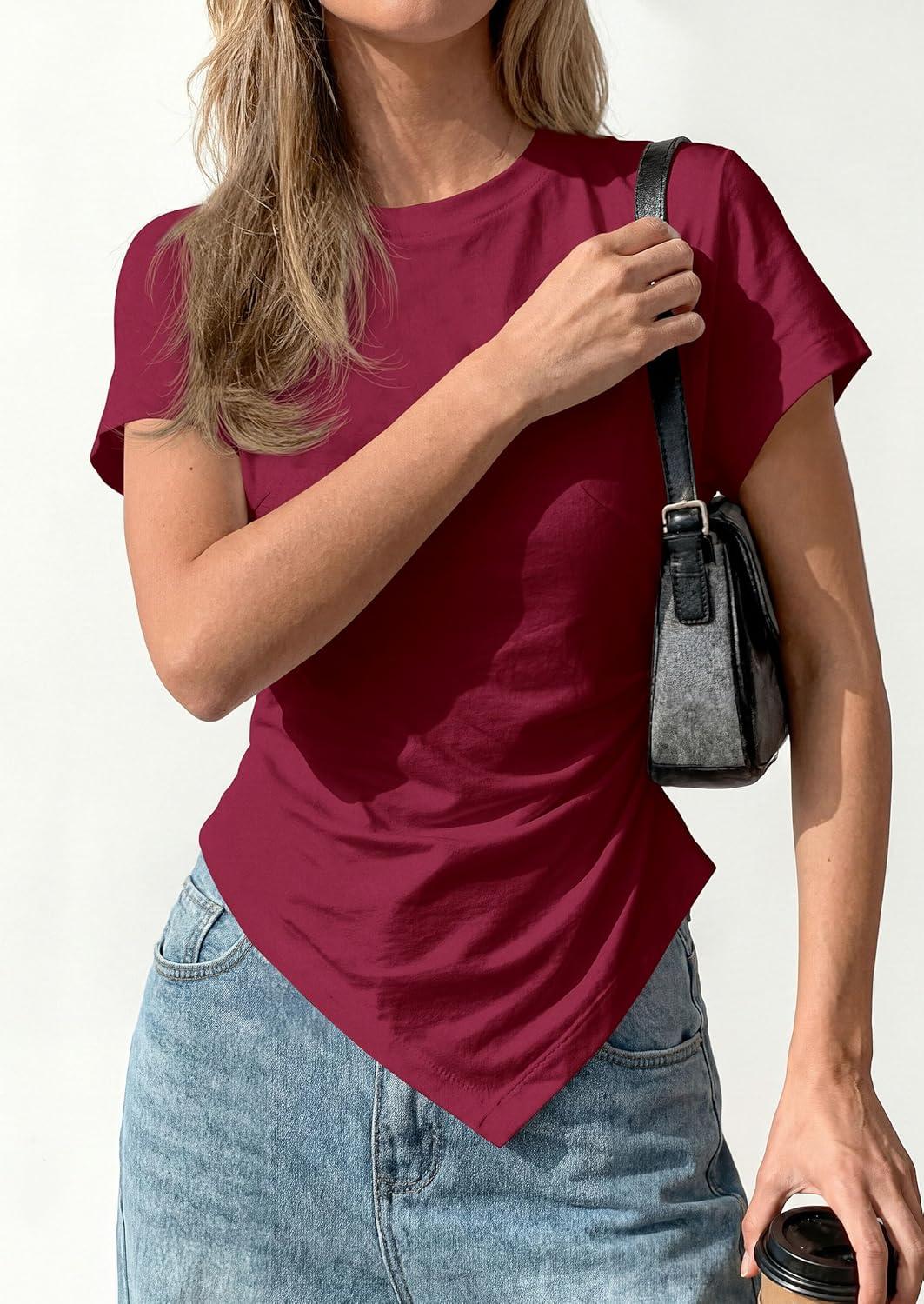 imagePRETTYGARDEN Womens Asymmetrical Tops 2026 Spring Summer Going Out Shirts Y2K Short Sleeve Crew Neck Ruched Trendy ClothesWine Red