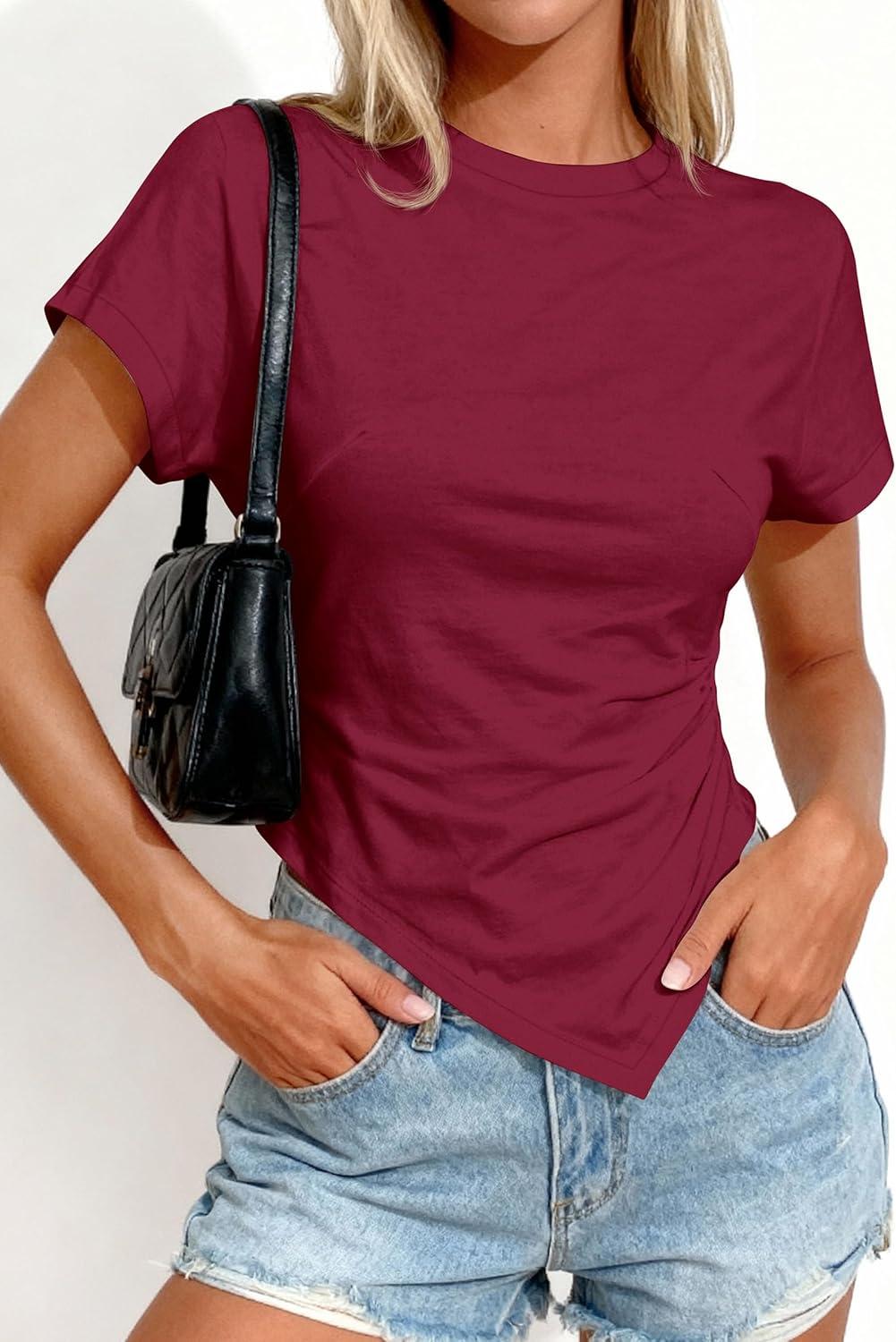 imagePRETTYGARDEN Womens Asymmetrical Tops 2026 Spring Summer Going Out Shirts Y2K Short Sleeve Crew Neck Ruched Trendy ClothesWine Red