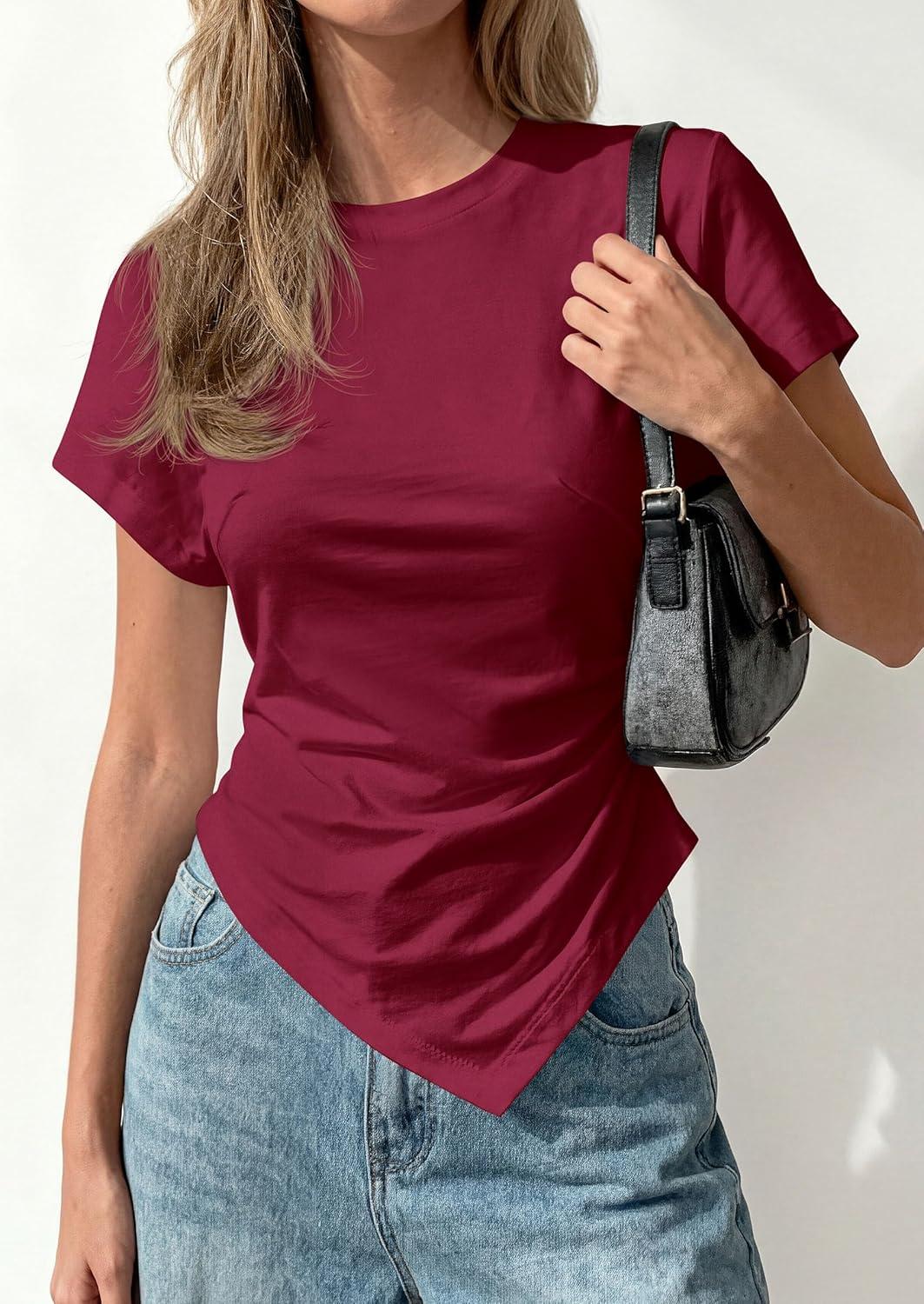 imagePRETTYGARDEN Womens Asymmetrical Tops 2026 Spring Summer Going Out Shirts Y2K Short Sleeve Crew Neck Ruched Trendy ClothesWine Red
