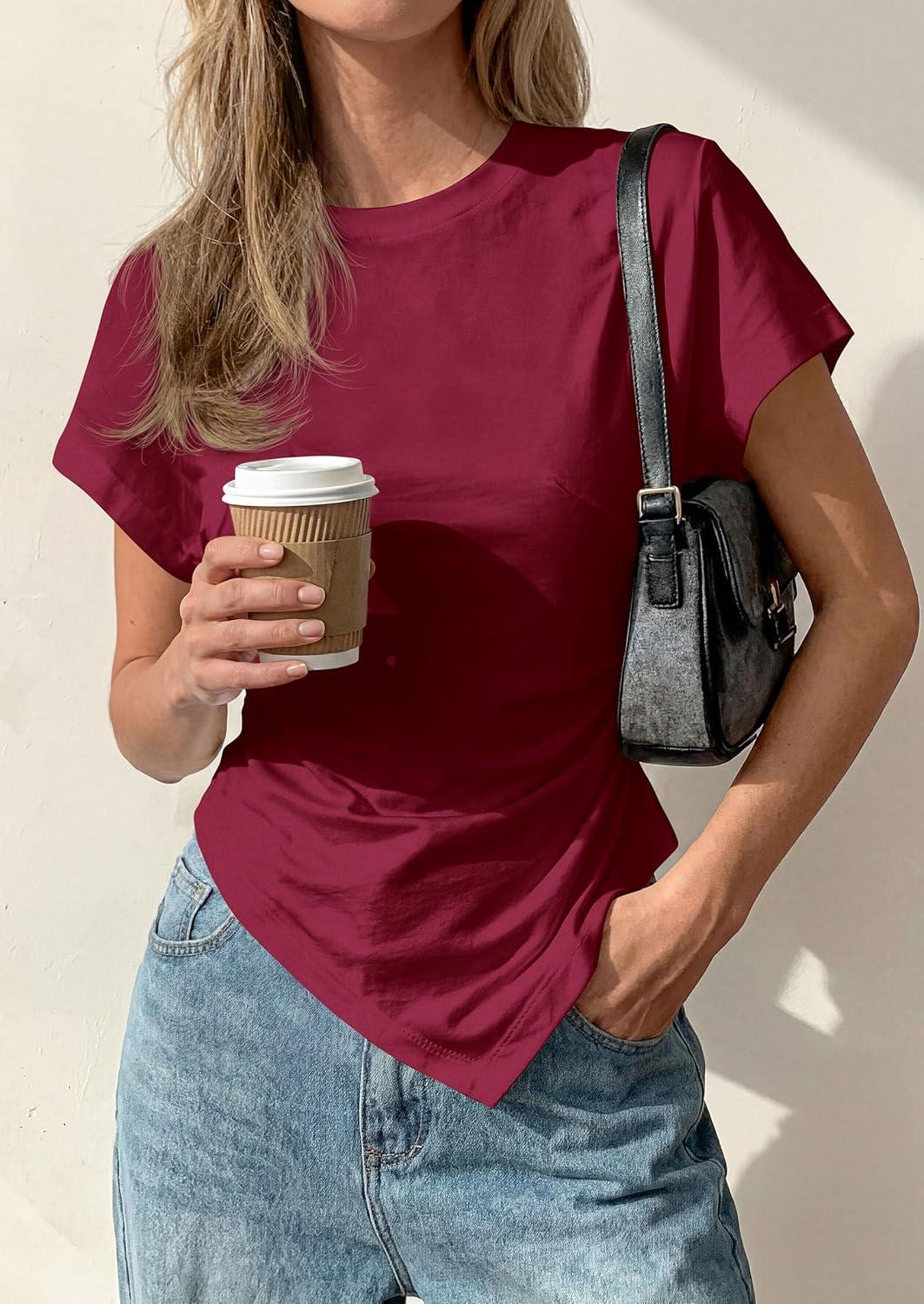 imagePRETTYGARDEN Womens Asymmetrical Tops 2026 Spring Summer Going Out Shirts Y2K Short Sleeve Crew Neck Ruched Trendy ClothesWine Red