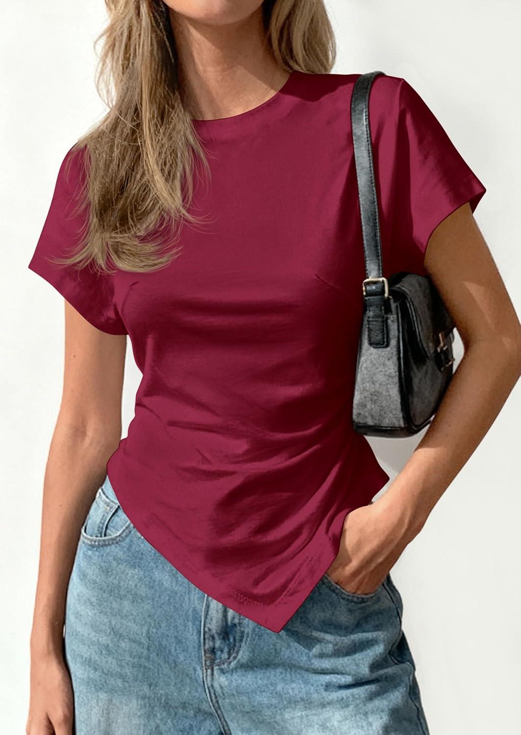 imagePRETTYGARDEN Womens Asymmetrical Tops 2026 Spring Summer Going Out Shirts Y2K Short Sleeve Crew Neck Ruched Trendy ClothesWine Red