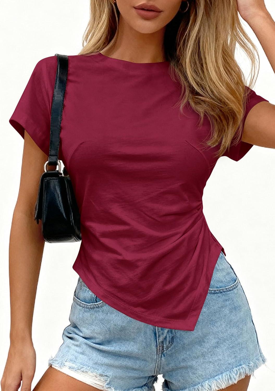 imagePRETTYGARDEN Womens Asymmetrical Tops 2026 Spring Summer Going Out Shirts Y2K Short Sleeve Crew Neck Ruched Trendy ClothesWine Red