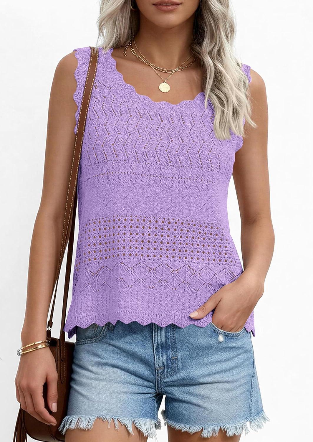 imagePRETTYGARDEN Womens Crochet Tank Tops 2026 Summer Spring Boho Sleeveless Cute Knit Sweater Vest Trendy Beach Vacation ClothesPurple