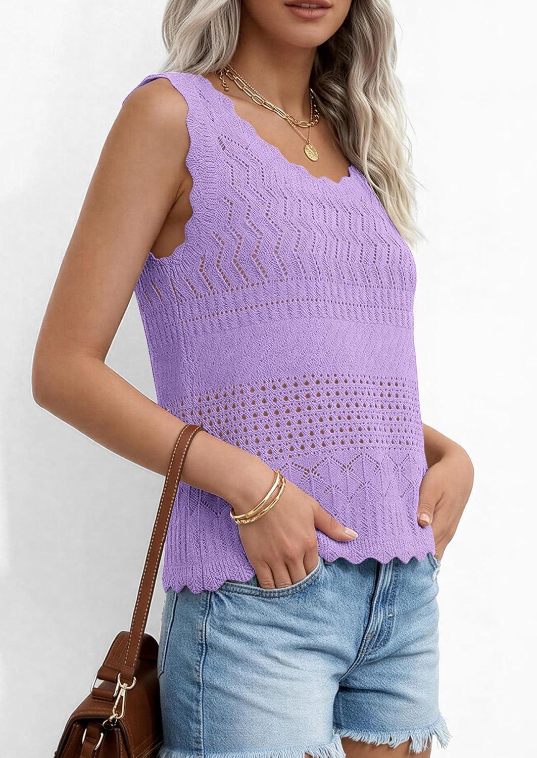 imagePRETTYGARDEN Womens Crochet Tank Tops 2026 Summer Spring Boho Sleeveless Cute Knit Sweater Vest Trendy Beach Vacation ClothesPurple