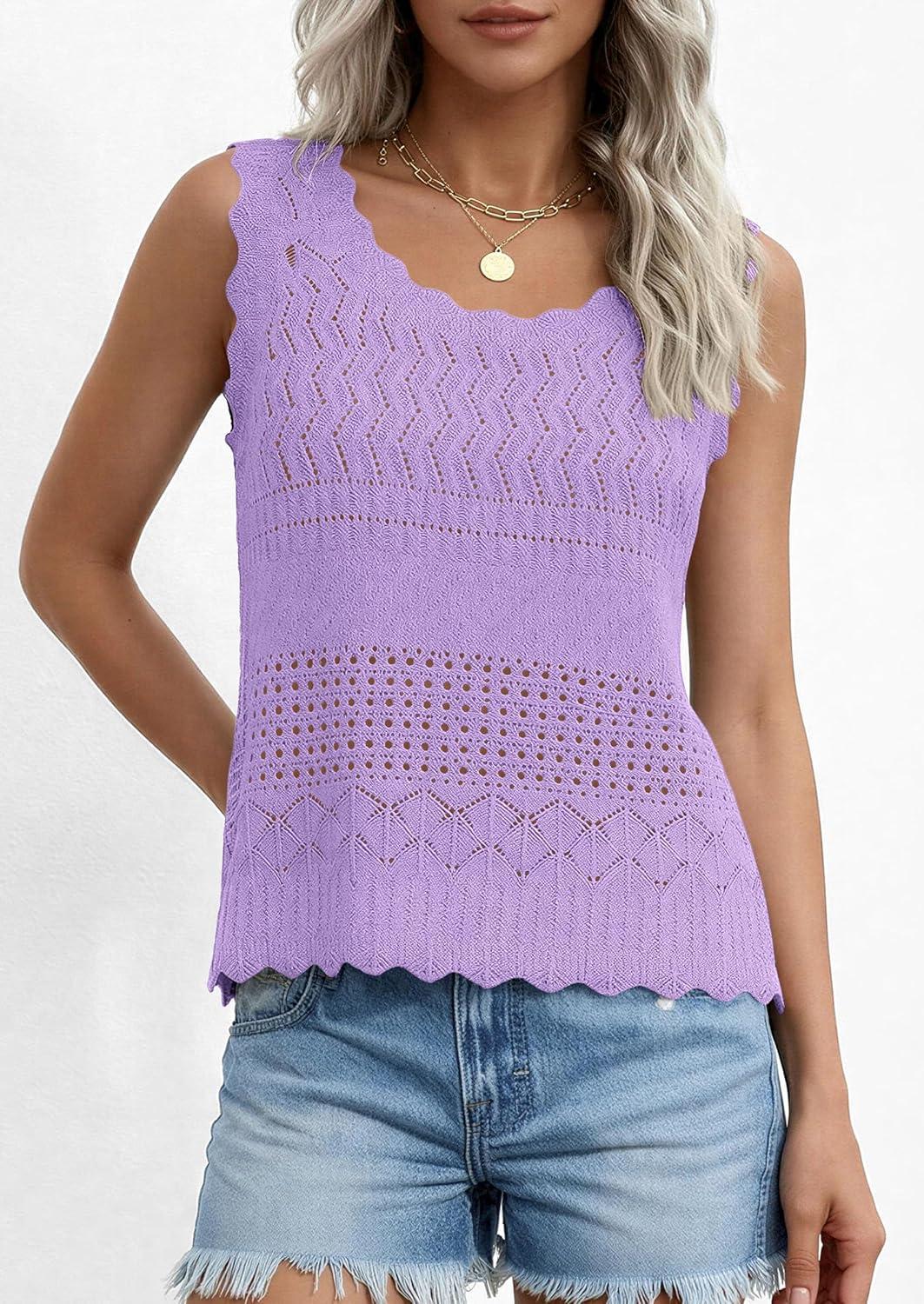 imagePRETTYGARDEN Womens Crochet Tank Tops 2026 Summer Spring Boho Sleeveless Cute Knit Sweater Vest Trendy Beach Vacation ClothesPurple