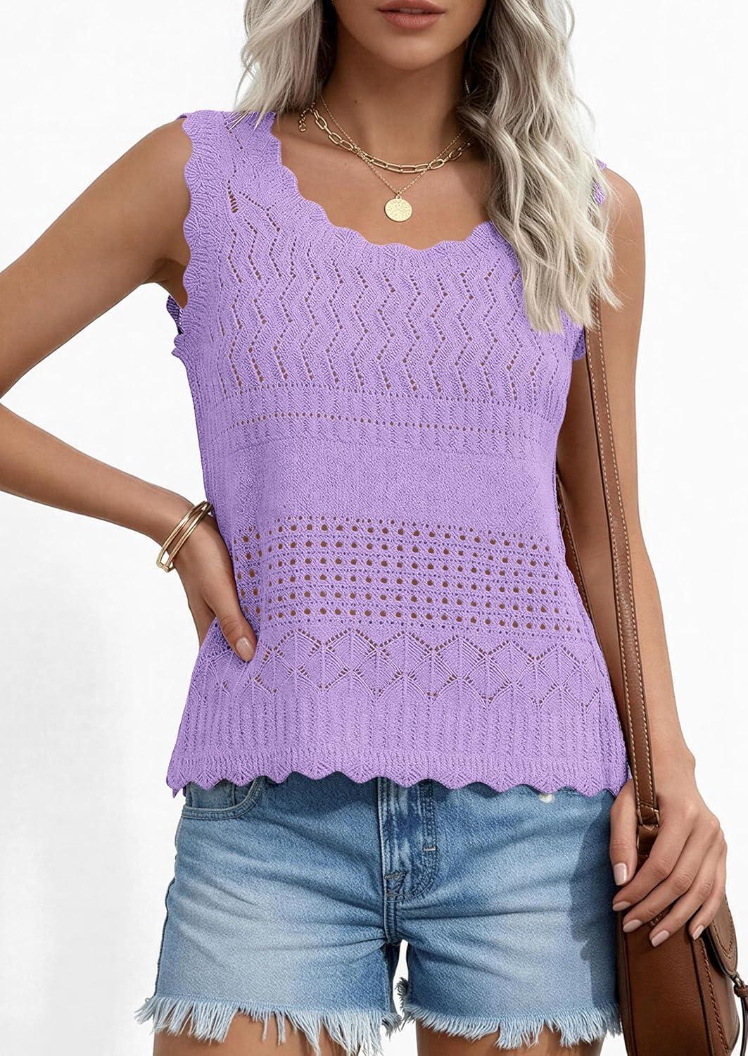 imagePRETTYGARDEN Womens Crochet Tank Tops 2026 Summer Spring Boho Sleeveless Cute Knit Sweater Vest Trendy Beach Vacation ClothesPurple