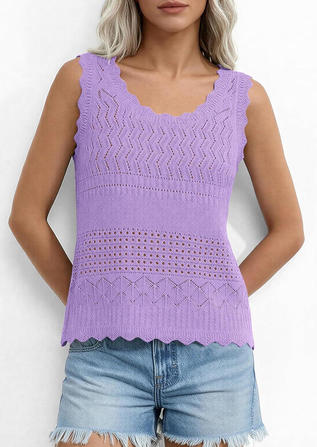 imagePRETTYGARDEN Womens Crochet Tank Tops 2026 Summer Spring Boho Sleeveless Cute Knit Sweater Vest Trendy Beach Vacation ClothesPurple