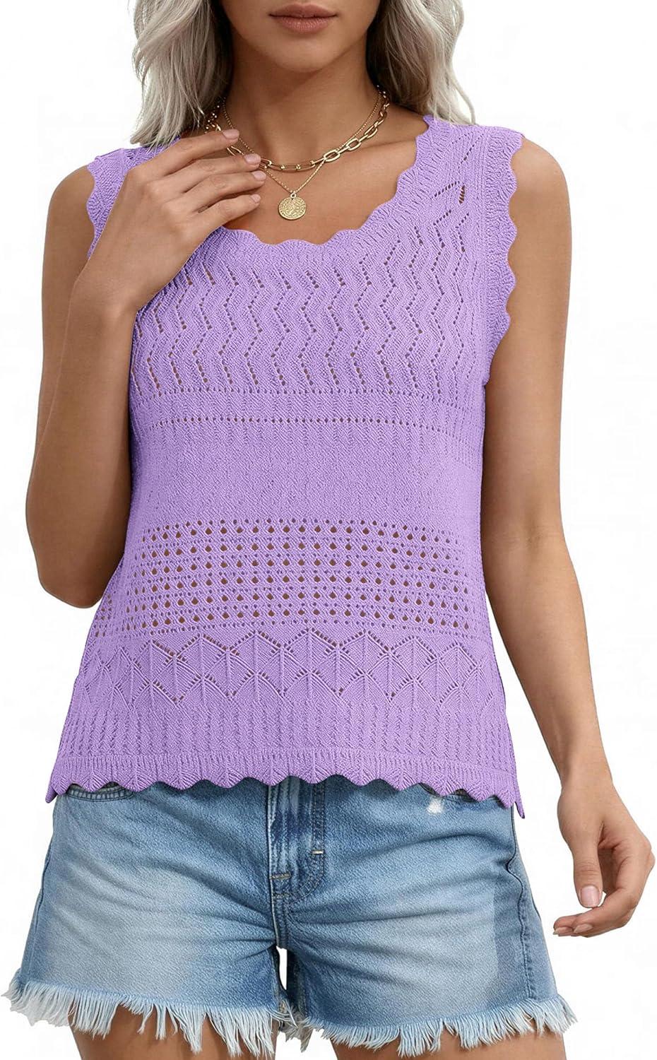 imagePRETTYGARDEN Womens Crochet Tank Tops 2026 Summer Spring Boho Sleeveless Cute Knit Sweater Vest Trendy Beach Vacation ClothesPurple