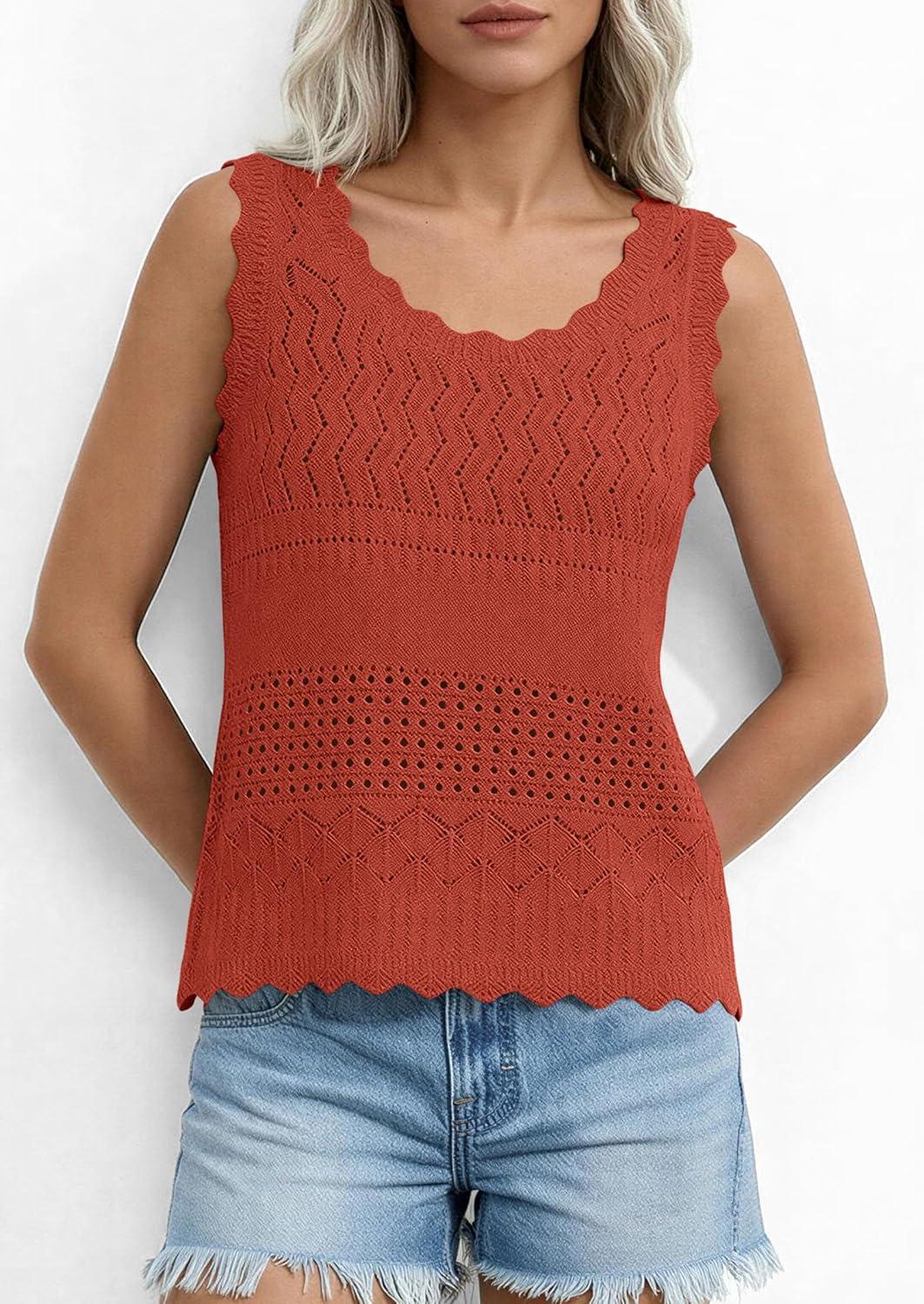imagePRETTYGARDEN Womens Crochet Tank Tops 2026 Summer Spring Boho Sleeveless Cute Knit Sweater Vest Trendy Beach Vacation ClothesRust Red