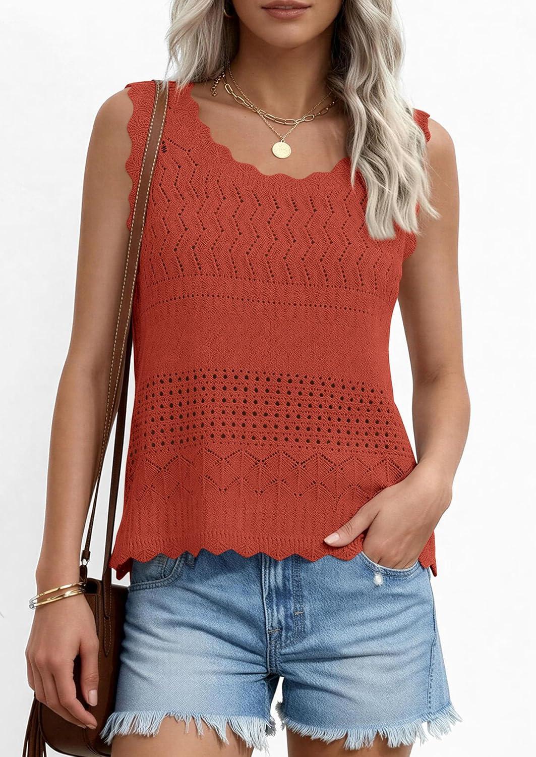 imagePRETTYGARDEN Womens Crochet Tank Tops 2026 Summer Spring Boho Sleeveless Cute Knit Sweater Vest Trendy Beach Vacation ClothesRust Red