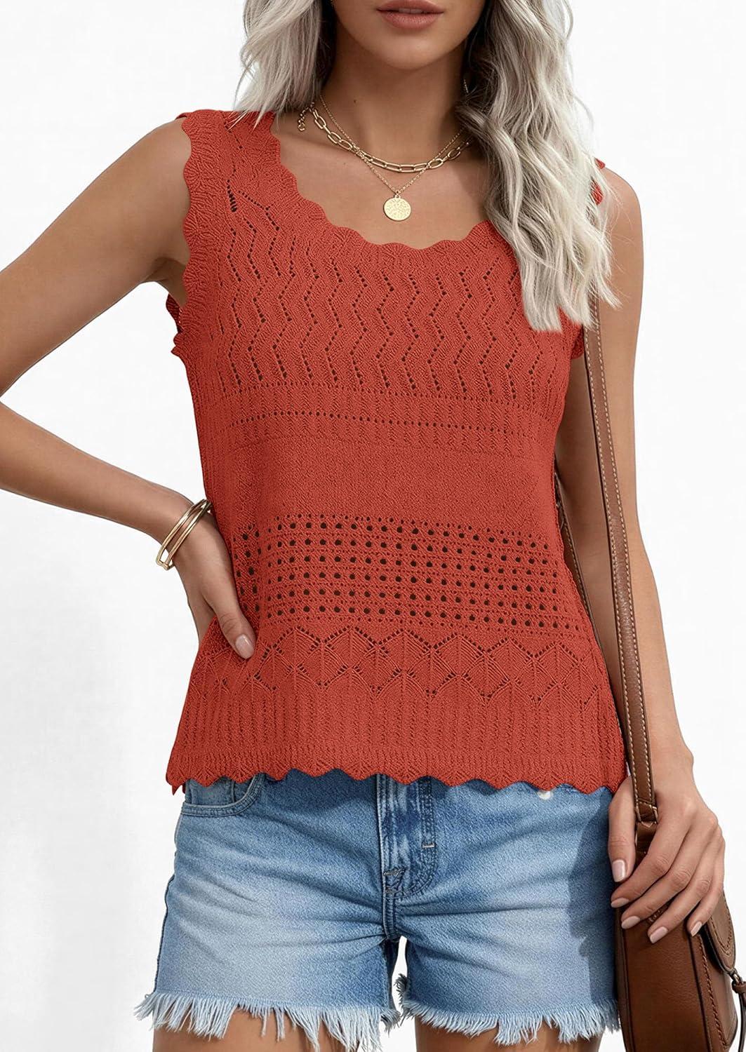 imagePRETTYGARDEN Womens Crochet Tank Tops 2026 Summer Spring Boho Sleeveless Cute Knit Sweater Vest Trendy Beach Vacation ClothesRust Red