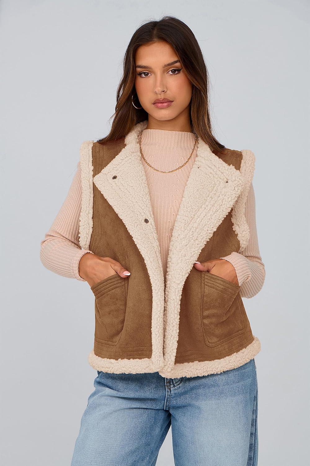 imagePRETTYGARDEN Womens Fall Fashion Faux Suede Vest Casual Sleeveless Button Down Fleece Sherpa Jacket Winter Coats Outerwear