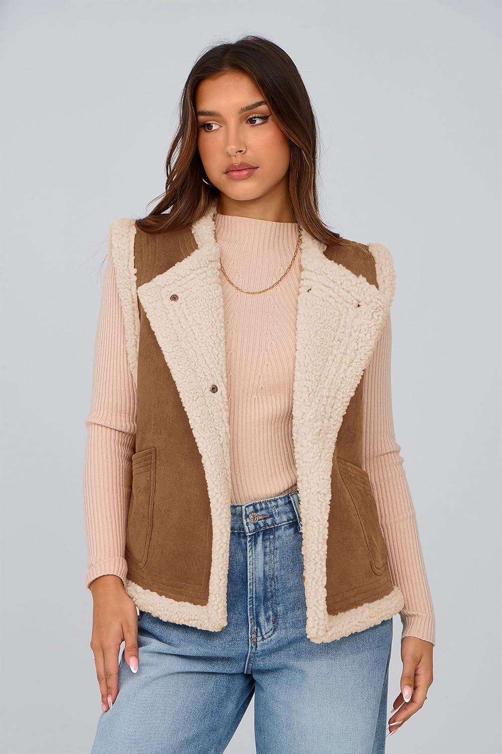 imagePRETTYGARDEN Womens Fall Fashion Faux Suede Vest Casual Sleeveless Button Down Fleece Sherpa Jacket Winter Coats Outerwear