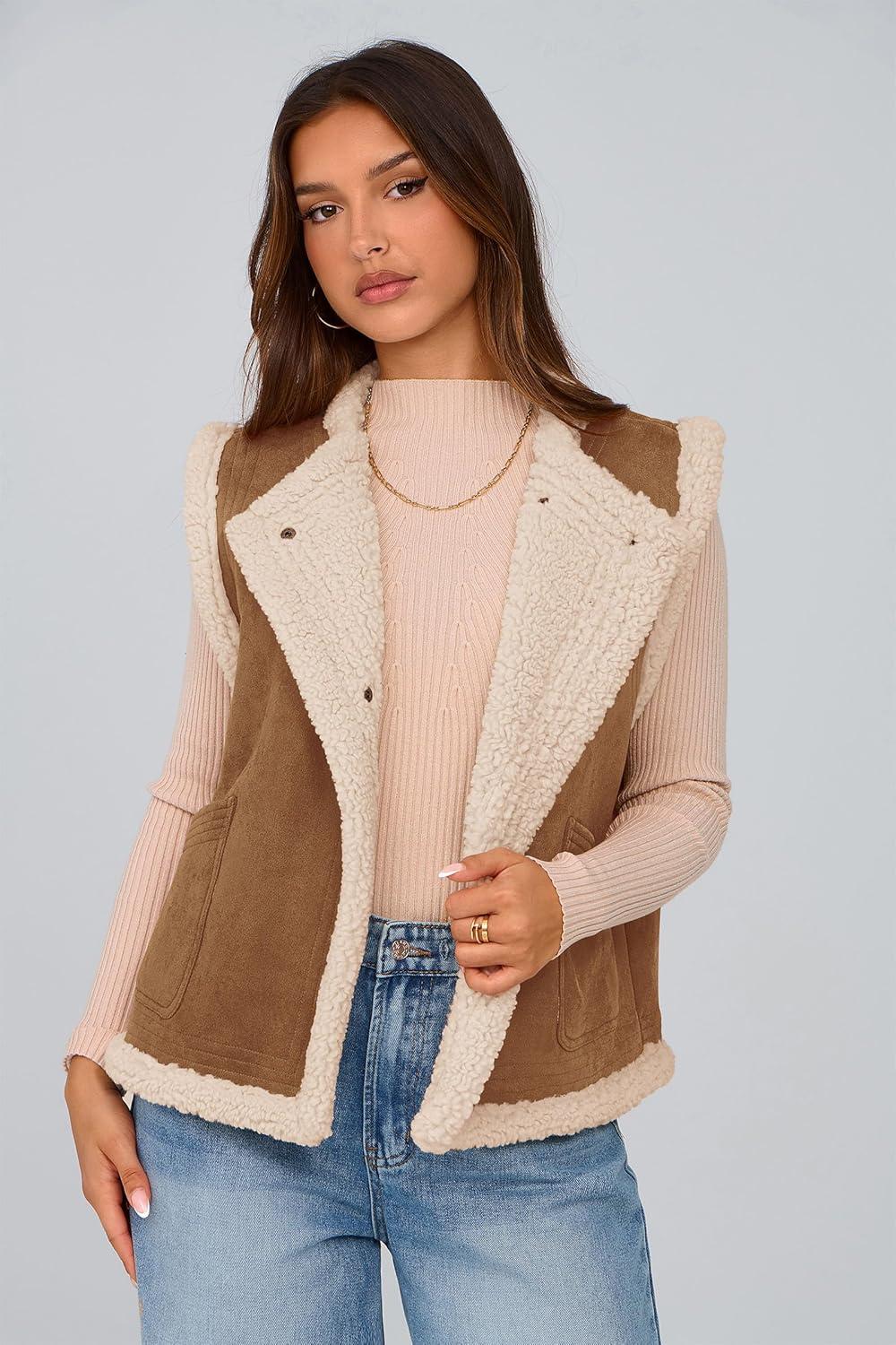 imagePRETTYGARDEN Womens Fall Fashion Faux Suede Vest Casual Sleeveless Button Down Fleece Sherpa Jacket Winter Coats Outerwear