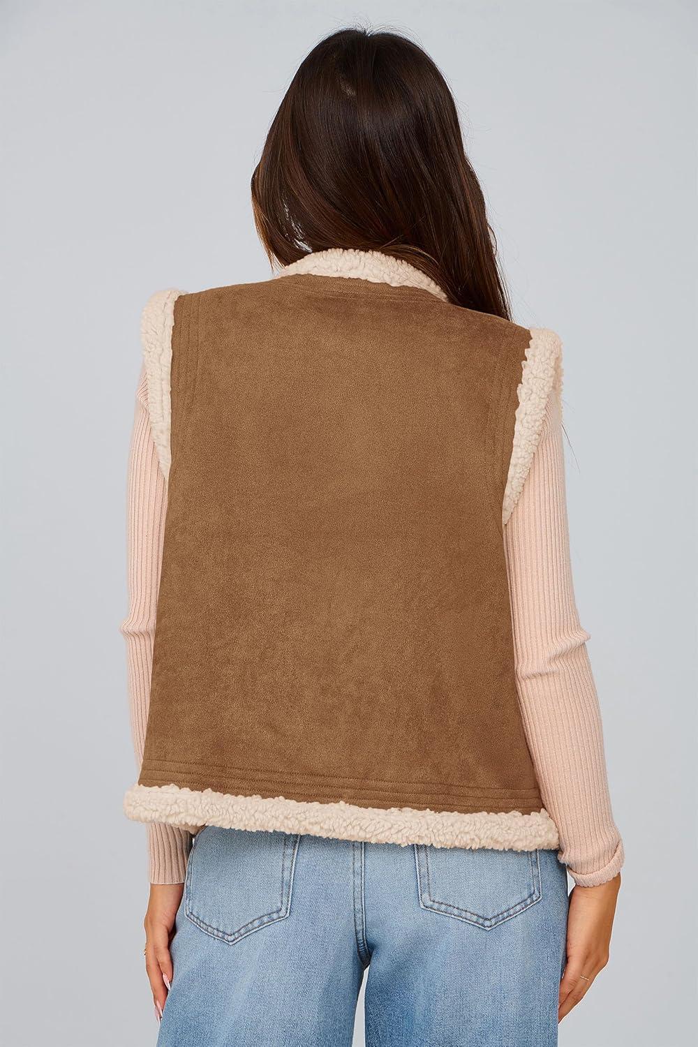 imagePRETTYGARDEN Womens Fall Fashion Faux Suede Vest Casual Sleeveless Button Down Fleece Sherpa Jacket Winter Coats Outerwear