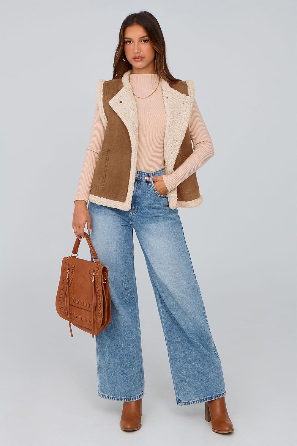 imagePRETTYGARDEN Womens Fall Fashion Faux Suede Vest Casual Sleeveless Button Down Fleece Sherpa Jacket Winter Coats Outerwear