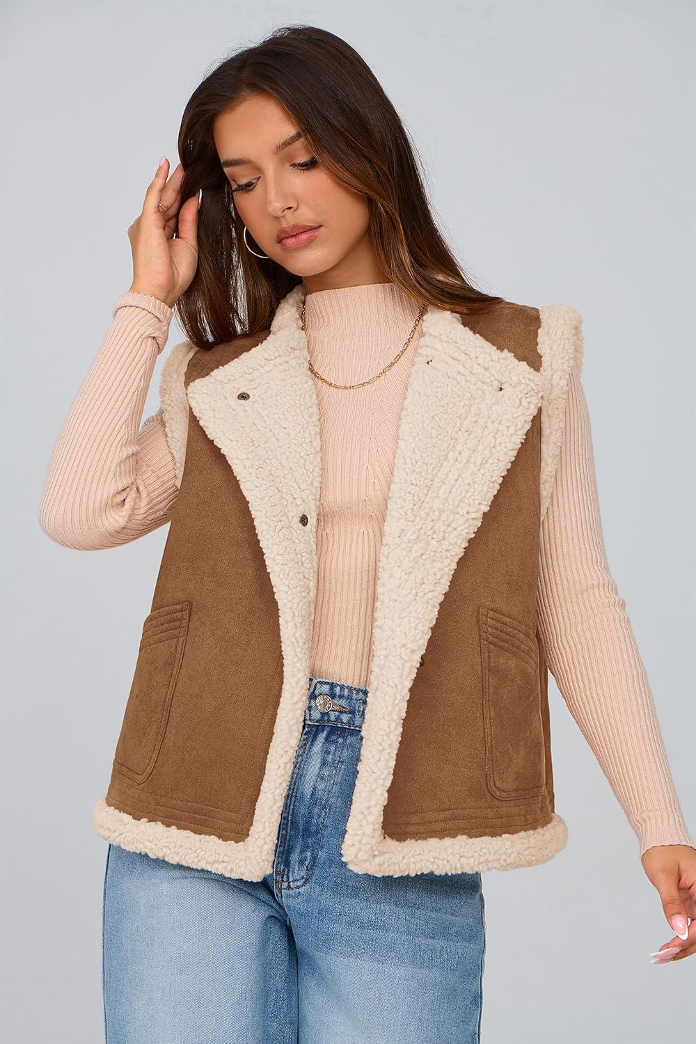 imagePRETTYGARDEN Womens Fall Fashion Faux Suede Vest Casual Sleeveless Button Down Fleece Sherpa Jacket Winter Coats Outerwear