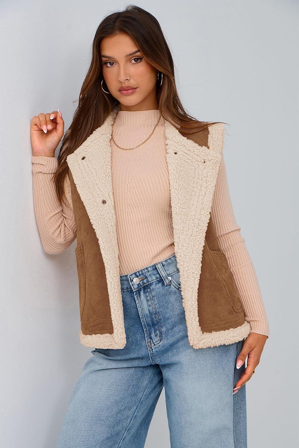 imagePRETTYGARDEN Womens Fall Fashion Faux Suede Vest Casual Sleeveless Button Down Fleece Sherpa Jacket Winter Coats Outerwear