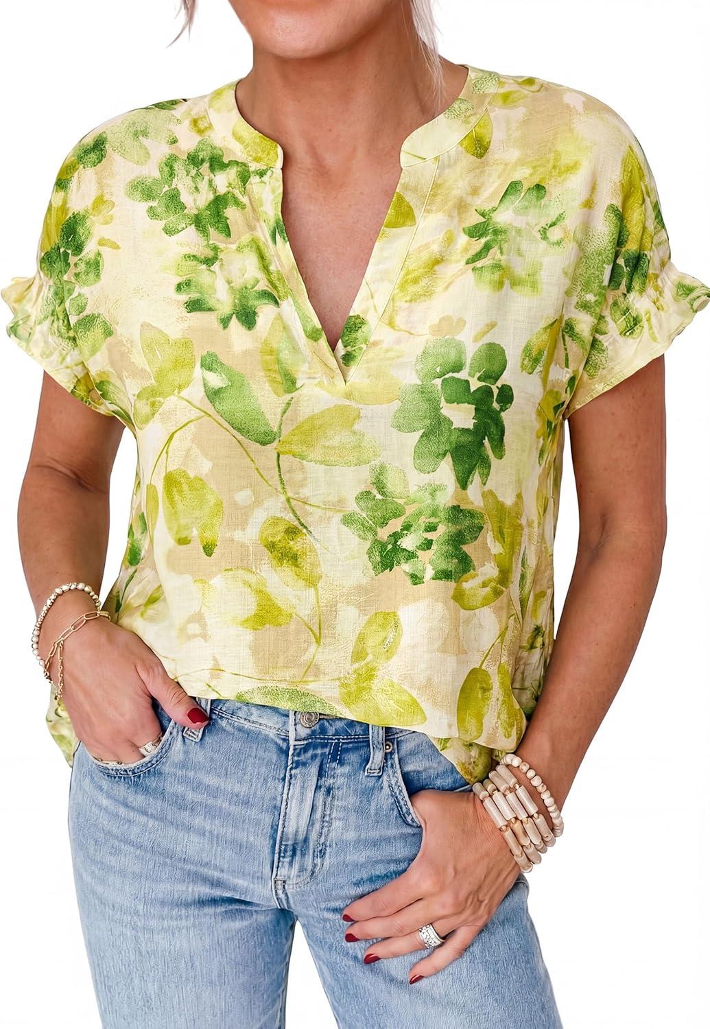 imagePRETTYGARDEN Womens Floral Print Short Sleeve Summer Tops 2026 Trendy V Neck Loose Boho Shirts Casual Work BlousesGreen