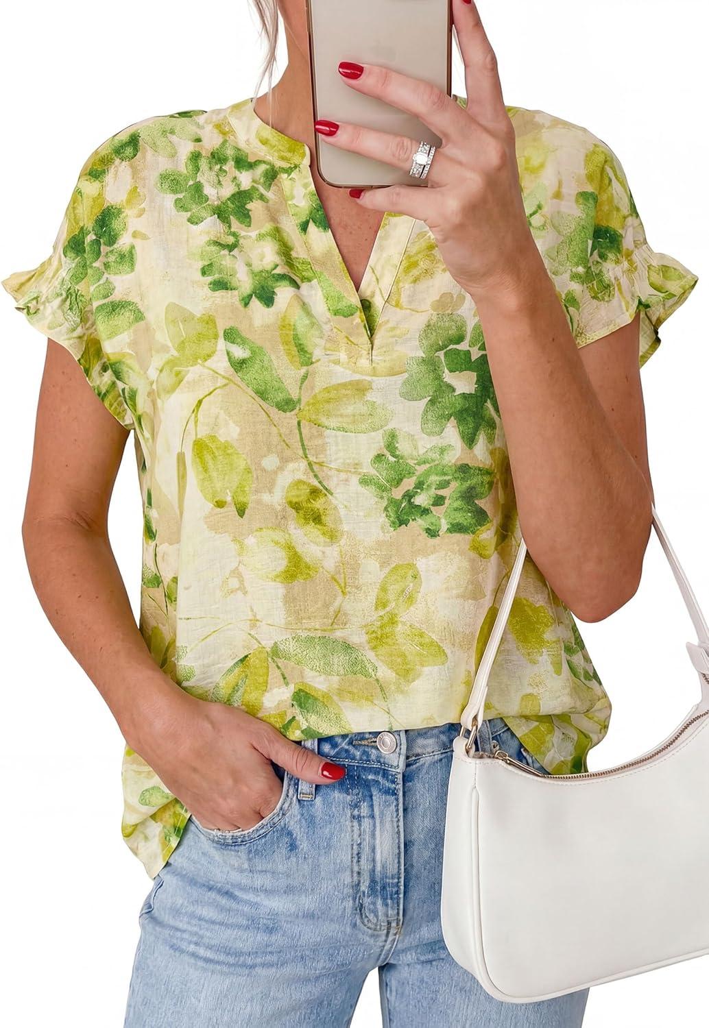 imagePRETTYGARDEN Womens Floral Print Short Sleeve Summer Tops 2026 Trendy V Neck Loose Boho Shirts Casual Work BlousesGreen