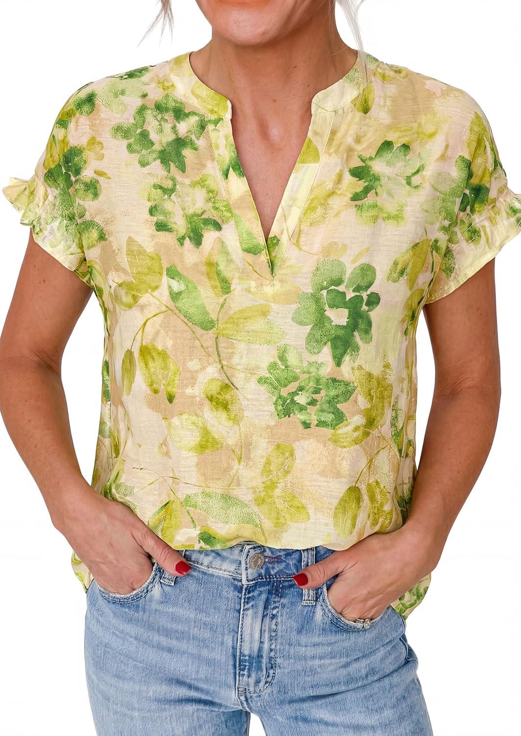 imagePRETTYGARDEN Womens Floral Print Short Sleeve Summer Tops 2026 Trendy V Neck Loose Boho Shirts Casual Work BlousesGreen
