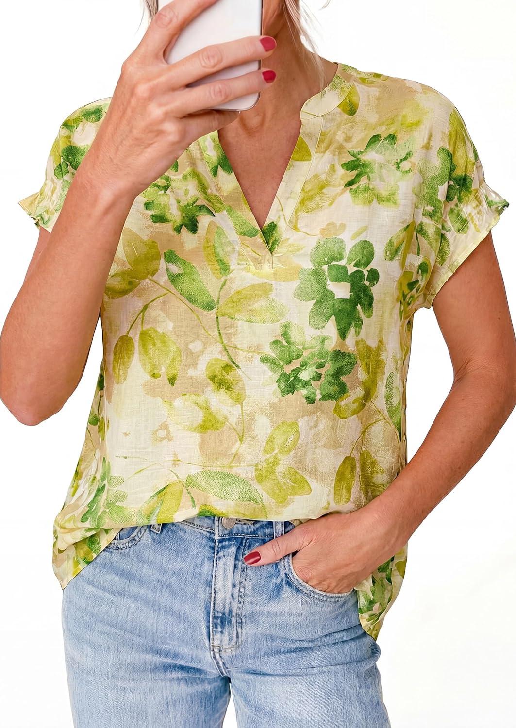imagePRETTYGARDEN Womens Floral Print Short Sleeve Summer Tops 2026 Trendy V Neck Loose Boho Shirts Casual Work BlousesGreen
