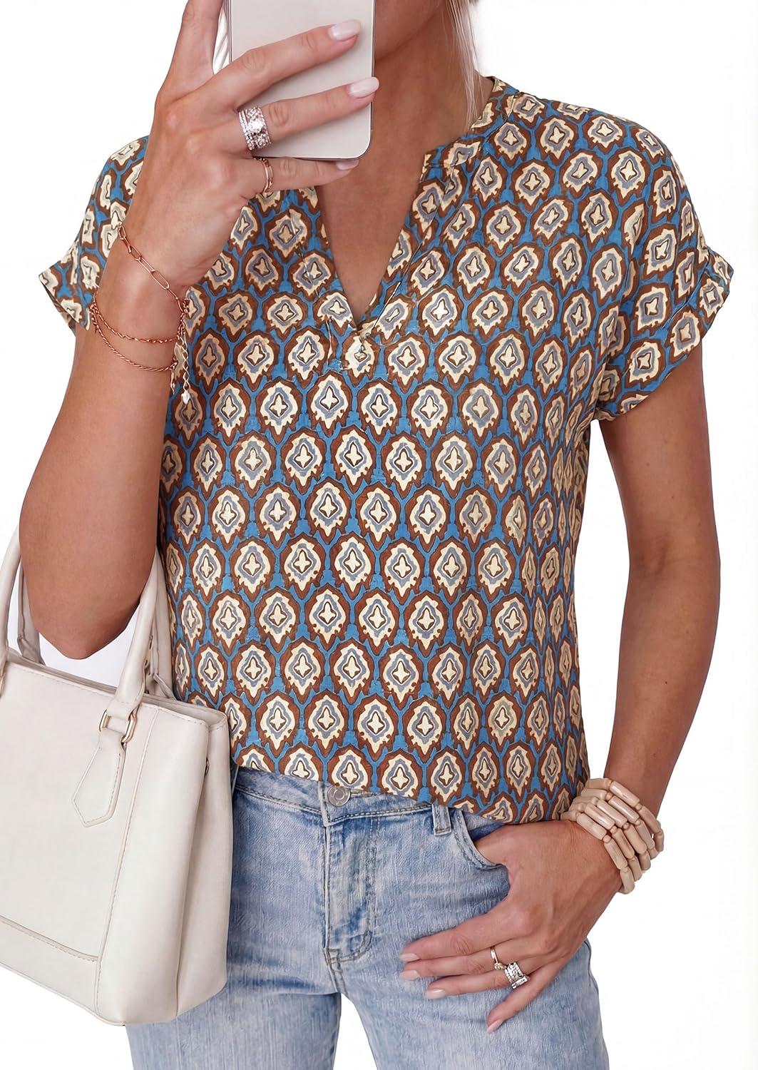 imagePRETTYGARDEN Womens Floral Print Short Sleeve Summer Tops 2026 Trendy V Neck Loose Boho Shirts Casual Work BlousesGrey Blue