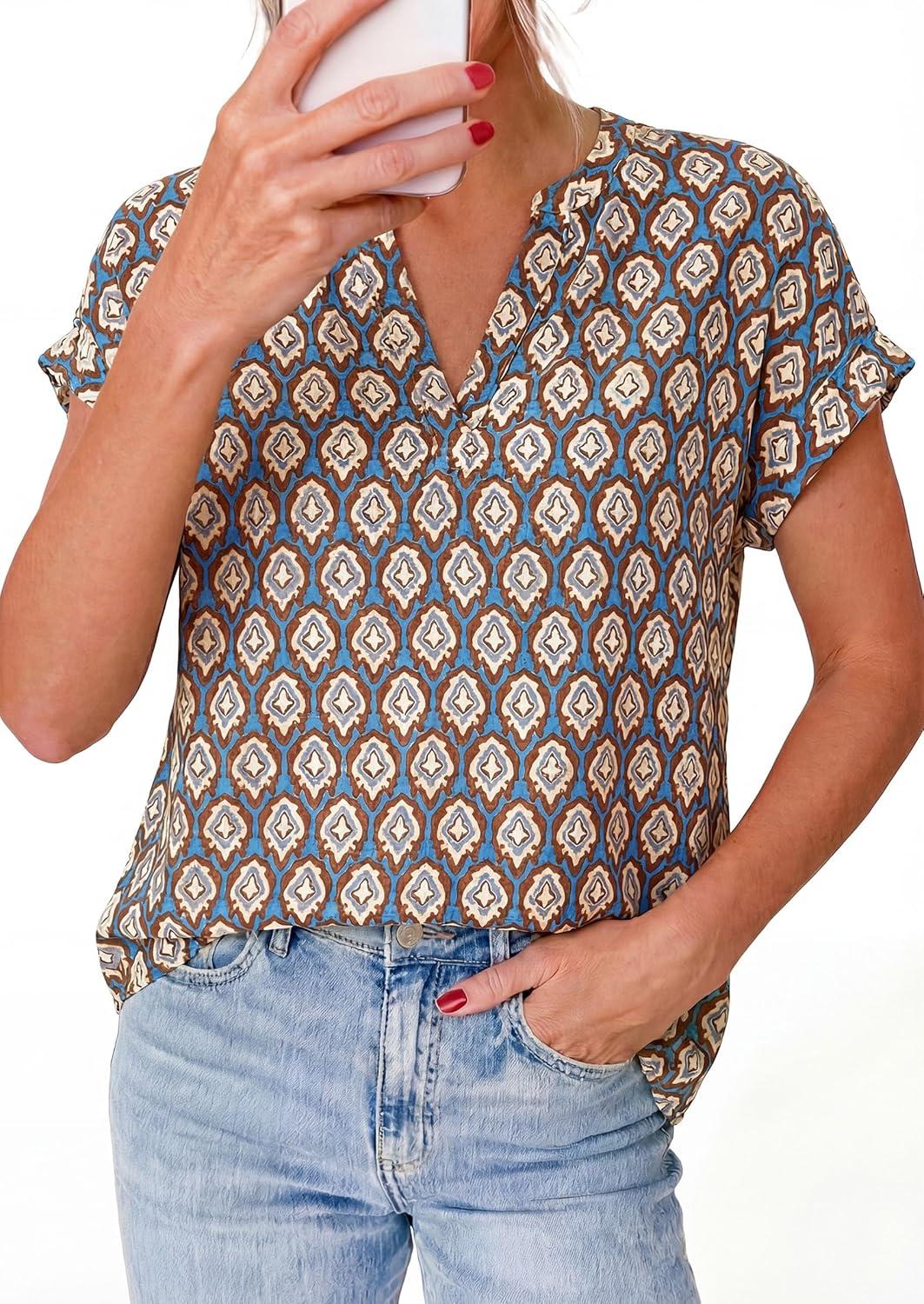 imagePRETTYGARDEN Womens Floral Print Short Sleeve Summer Tops 2026 Trendy V Neck Loose Boho Shirts Casual Work BlousesGrey Blue