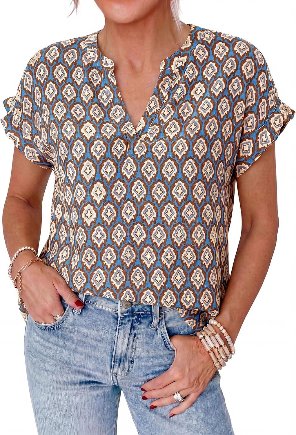 imagePRETTYGARDEN Womens Floral Print Short Sleeve Summer Tops 2026 Trendy V Neck Loose Boho Shirts Casual Work BlousesGrey Blue