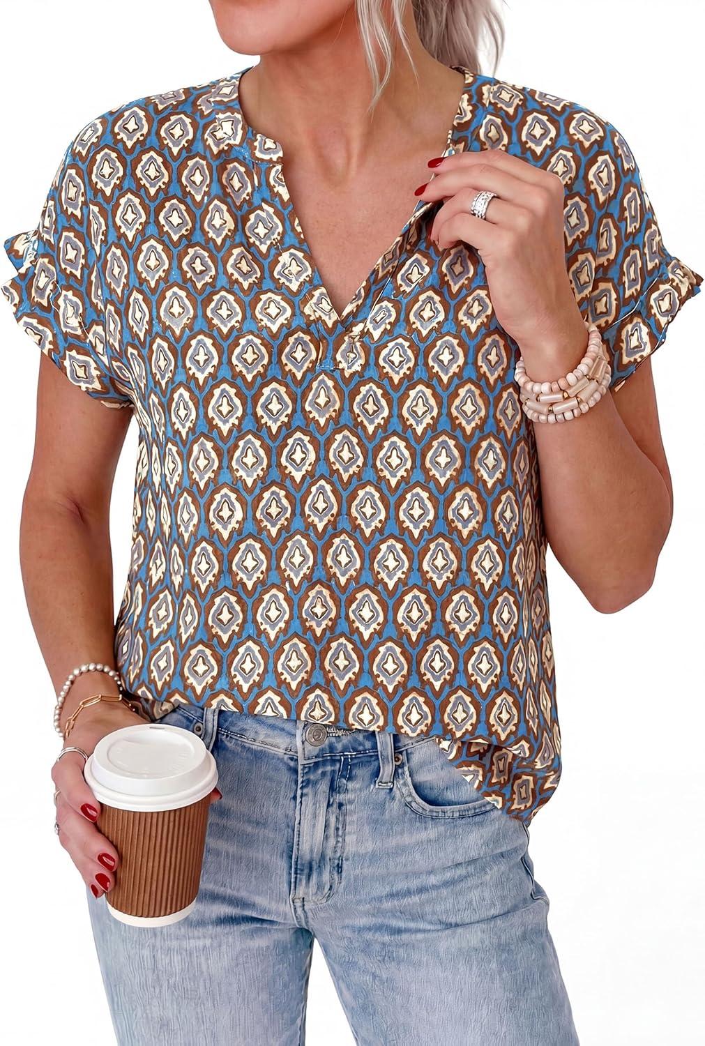 imagePRETTYGARDEN Womens Floral Print Short Sleeve Summer Tops 2026 Trendy V Neck Loose Boho Shirts Casual Work BlousesGrey Blue