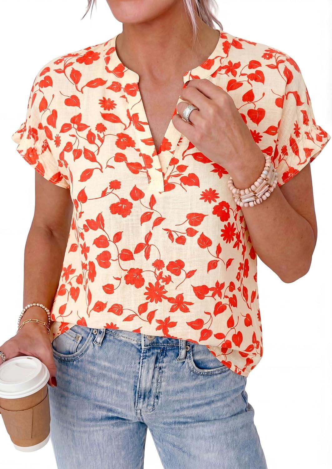 imagePRETTYGARDEN Womens Floral Print Short Sleeve Summer Tops 2026 Trendy V Neck Loose Boho Shirts Casual Work BlousesLight Apricot Orange Flower