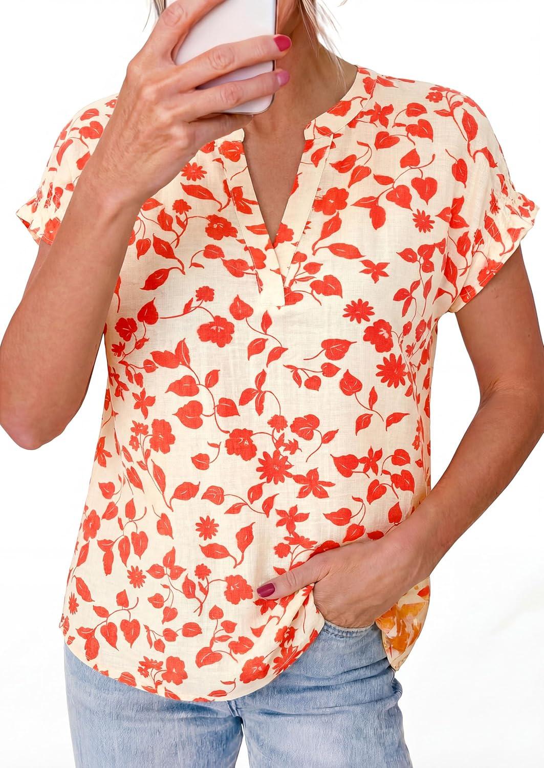 imagePRETTYGARDEN Womens Floral Print Short Sleeve Summer Tops 2026 Trendy V Neck Loose Boho Shirts Casual Work BlousesLight Apricot Orange Flower
