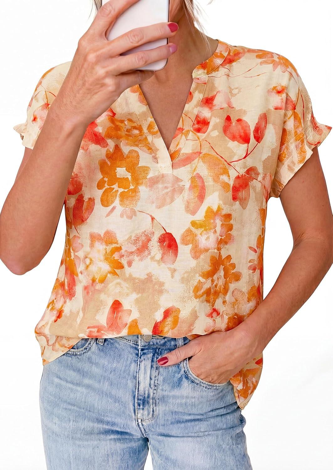 imagePRETTYGARDEN Womens Floral Print Short Sleeve Summer Tops 2026 Trendy V Neck Loose Boho Shirts Casual Work BlousesOrange