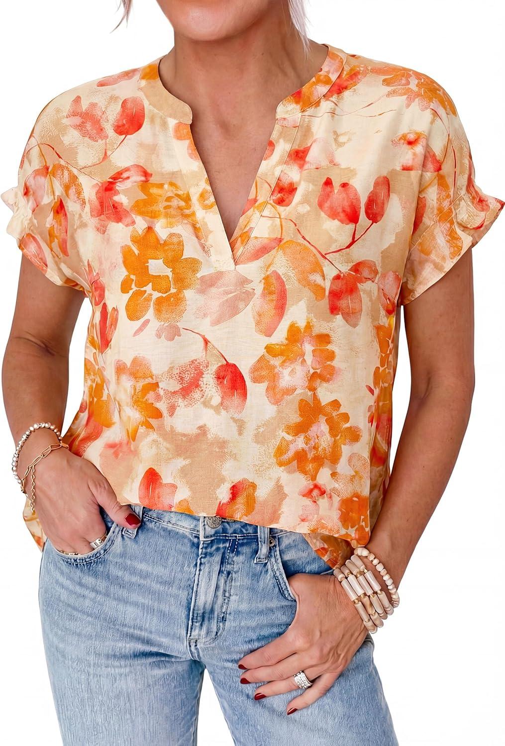 imagePRETTYGARDEN Womens Floral Print Short Sleeve Summer Tops 2026 Trendy V Neck Loose Boho Shirts Casual Work BlousesOrange
