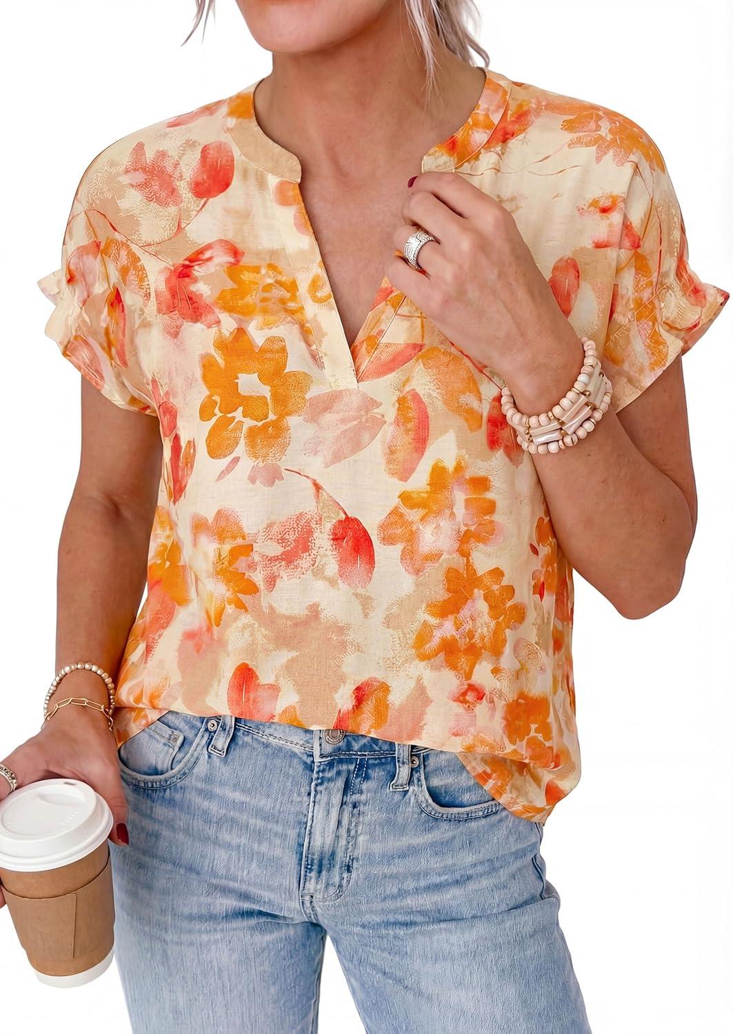imagePRETTYGARDEN Womens Floral Print Short Sleeve Summer Tops 2026 Trendy V Neck Loose Boho Shirts Casual Work BlousesOrange