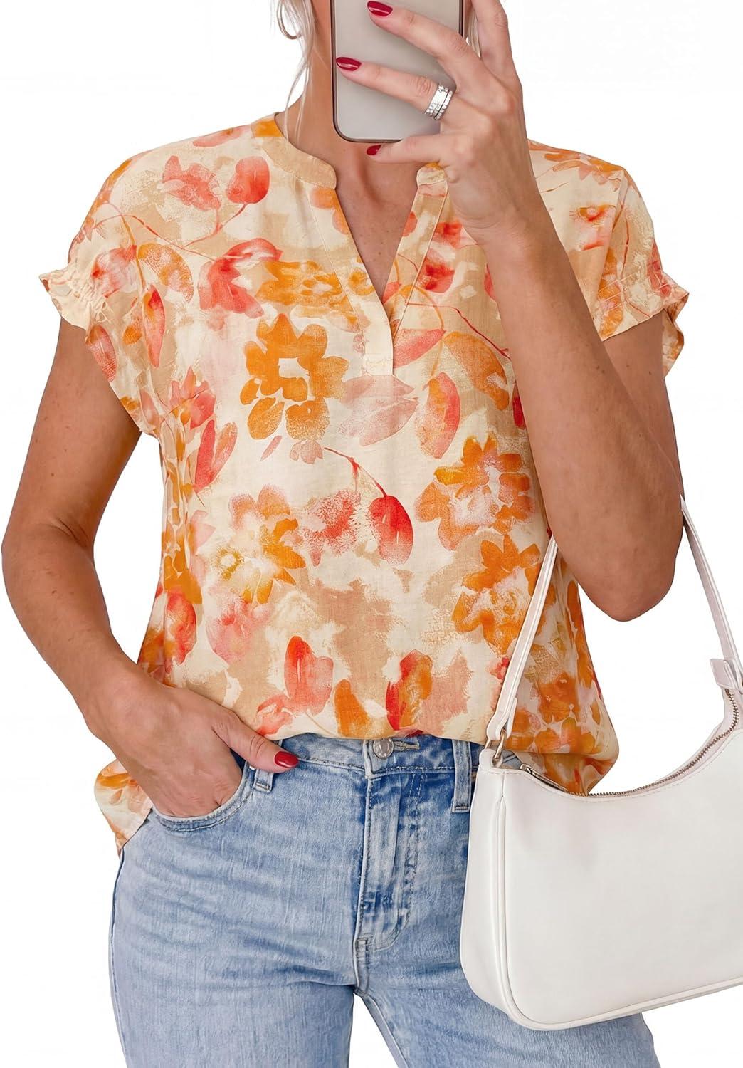 imagePRETTYGARDEN Womens Floral Print Short Sleeve Summer Tops 2026 Trendy V Neck Loose Boho Shirts Casual Work BlousesOrange