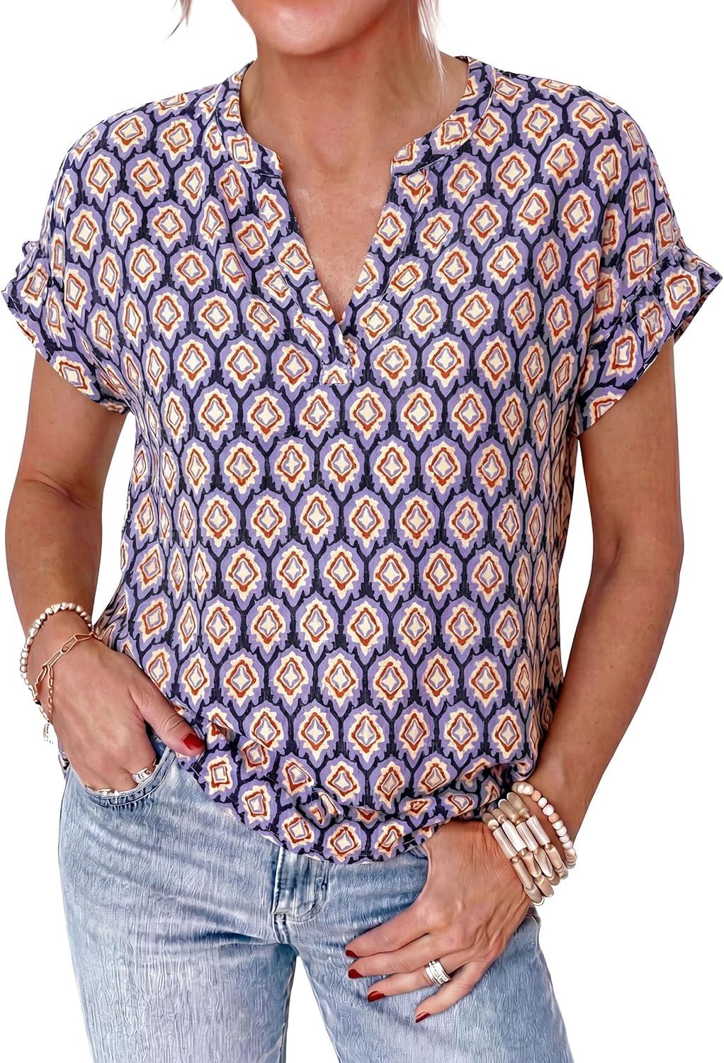 imagePRETTYGARDEN Womens Floral Print Short Sleeve Summer Tops 2026 Trendy V Neck Loose Boho Shirts Casual Work BlousesPurple