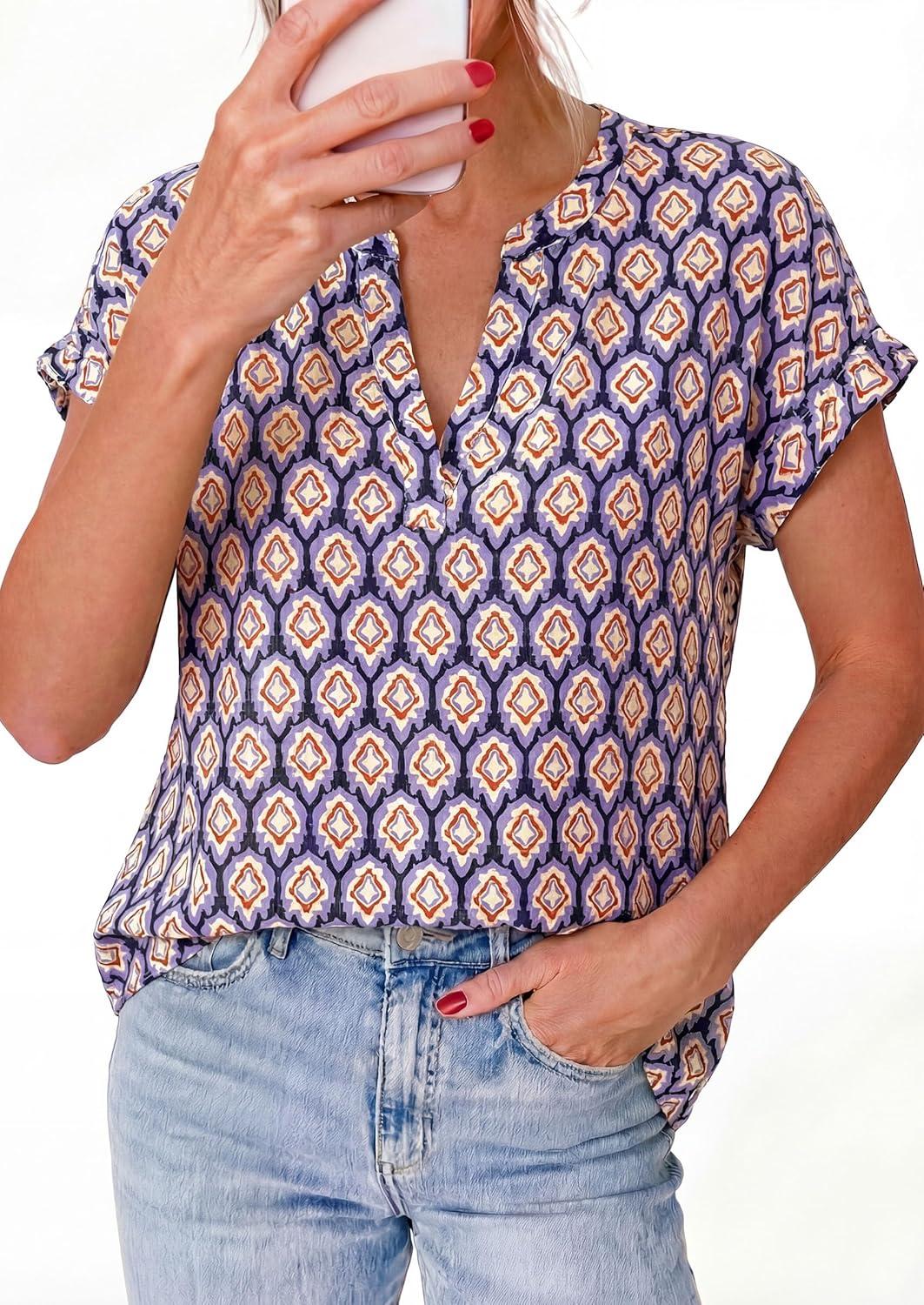 imagePRETTYGARDEN Womens Floral Print Short Sleeve Summer Tops 2026 Trendy V Neck Loose Boho Shirts Casual Work BlousesPurple