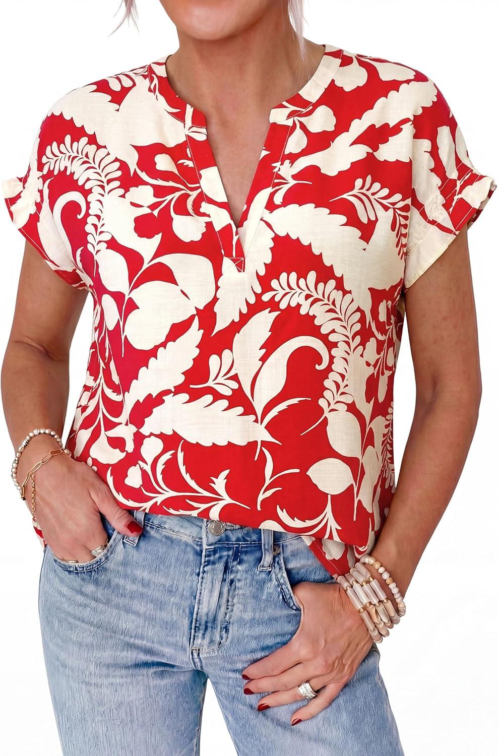 imagePRETTYGARDEN Womens Floral Print Short Sleeve Summer Tops 2026 Trendy V Neck Loose Boho Shirts Casual Work BlousesRed