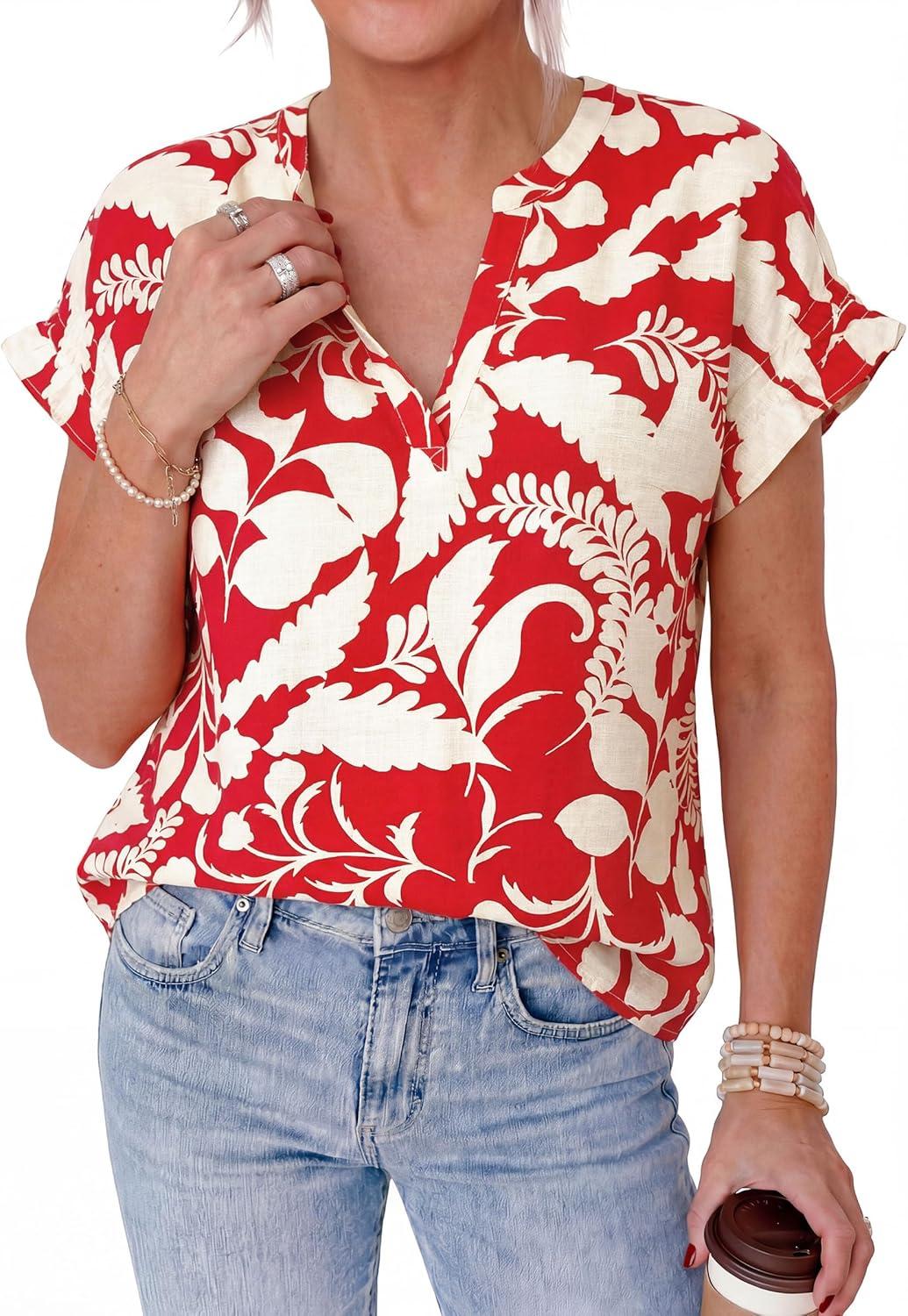 imagePRETTYGARDEN Womens Floral Print Short Sleeve Summer Tops 2026 Trendy V Neck Loose Boho Shirts Casual Work BlousesRed