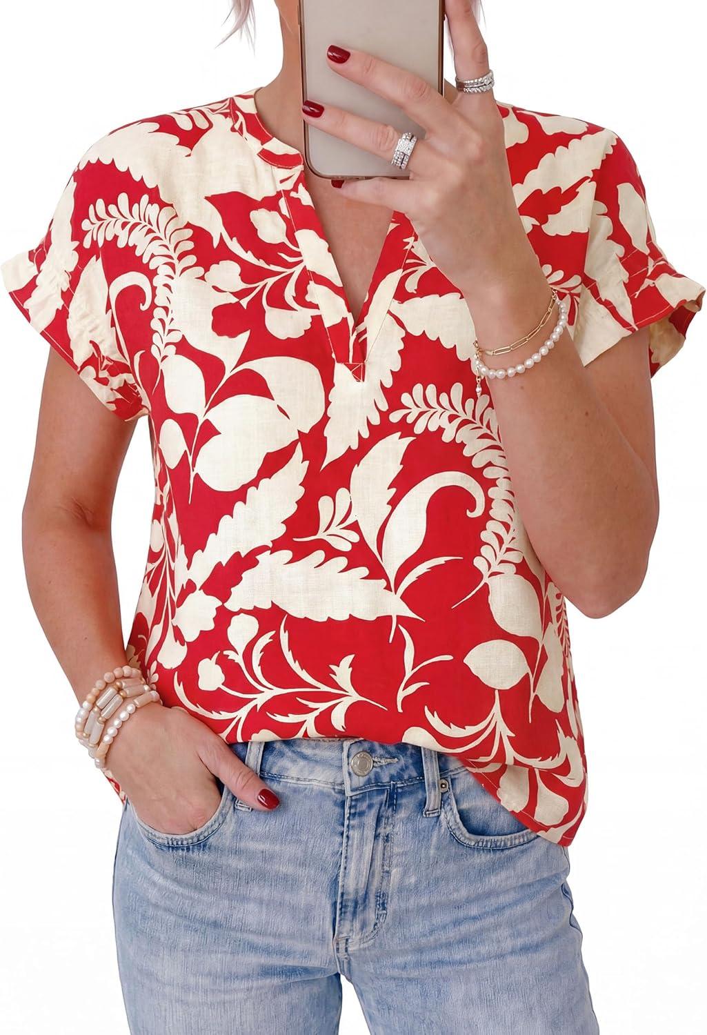 imagePRETTYGARDEN Womens Floral Print Short Sleeve Summer Tops 2026 Trendy V Neck Loose Boho Shirts Casual Work BlousesRed