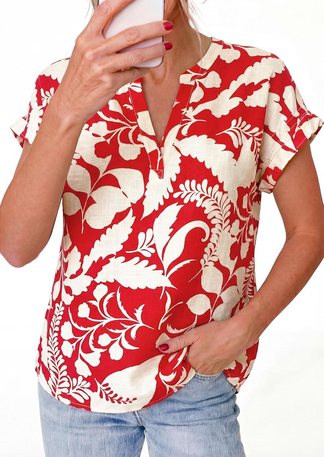 imagePRETTYGARDEN Womens Floral Print Short Sleeve Summer Tops 2026 Trendy V Neck Loose Boho Shirts Casual Work BlousesRed