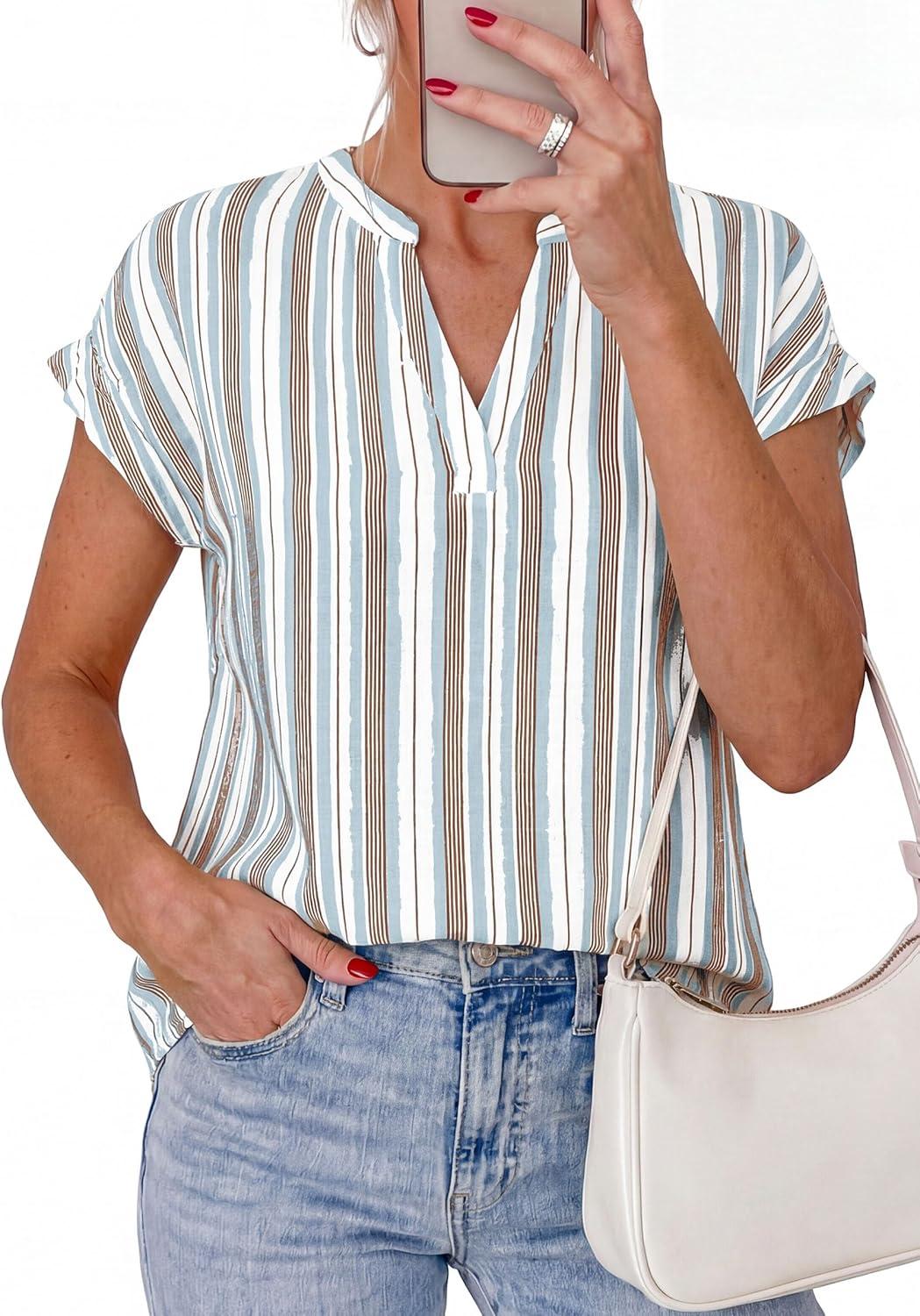 imagePRETTYGARDEN Womens Floral Print Short Sleeve Summer Tops 2026 Trendy V Neck Loose Boho Shirts Casual Work BlousesStriped White Red Brown