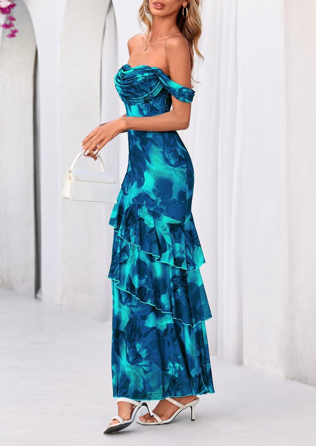 imagePRETTYGARDEN Womens Formal Cocktail Maxi Dresses 2026 Summer Off Shoulder Floral Mesh Bodycon Spring Wedding Guest DressFloral Blue Green